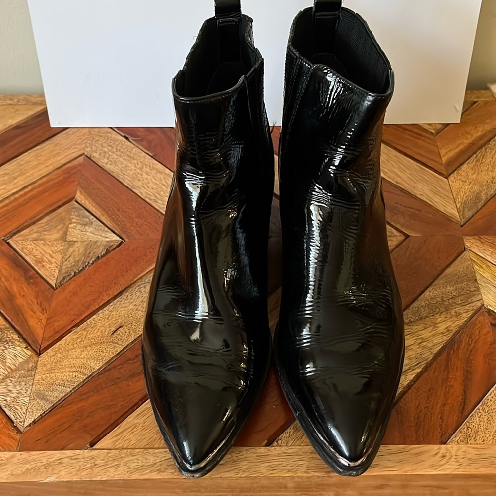 Patent leather booties.